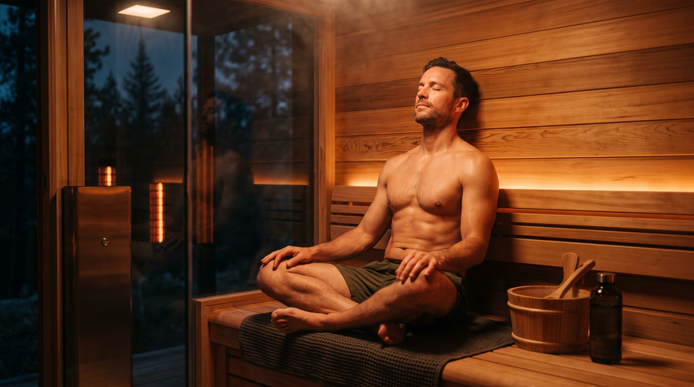 Man relaxing inside a warm infrared sauna - SaunaStack